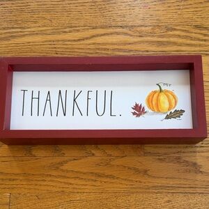 Rae Dunn Thankful Sign with Red Frame Leaves and Pumpkin